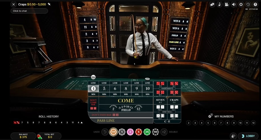 Live dealer craps game screenshot